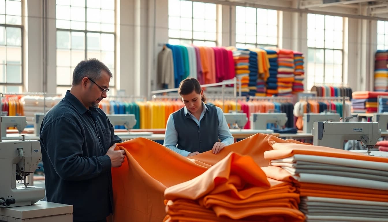 Clothing Suppliers China showcasing vibrant textile workers in a fabric manufacturing environment.
