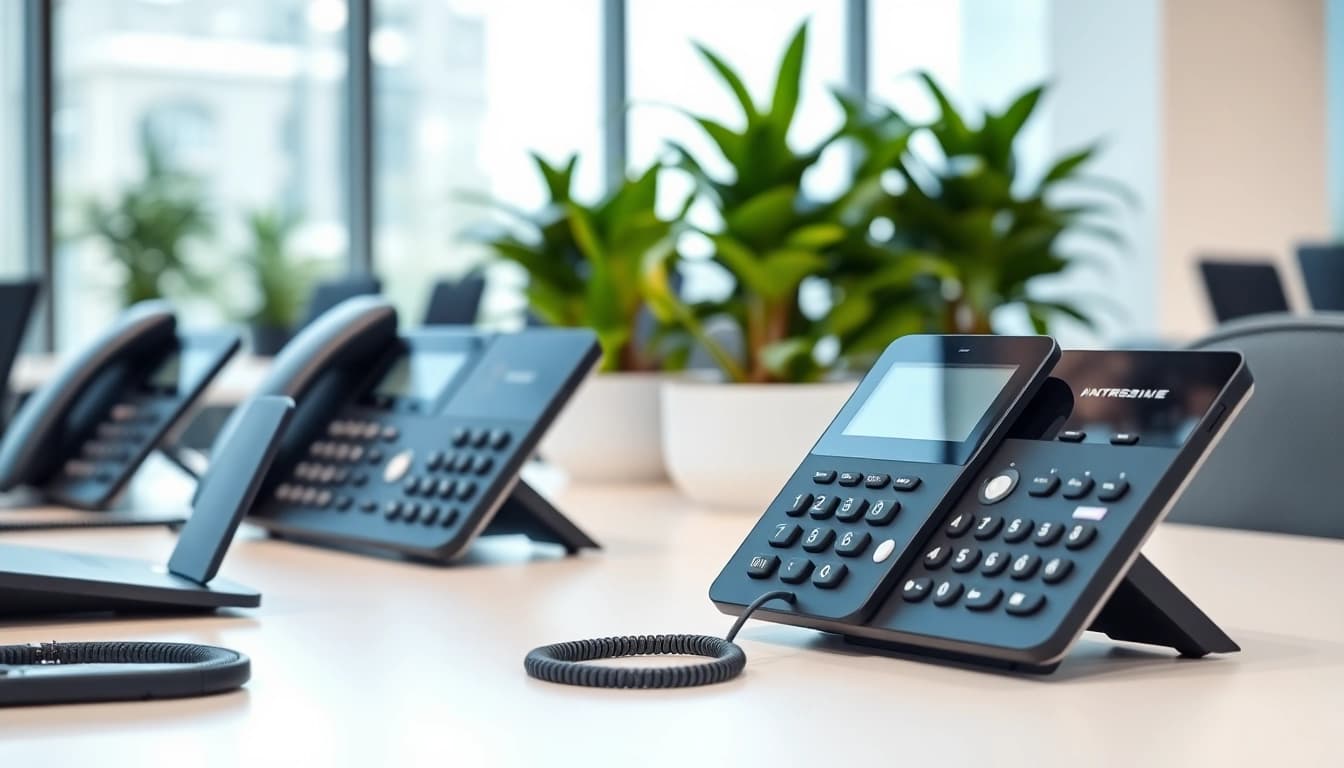 Showcasing office phone systems in a modern workspace with sleek designs and bright lighting