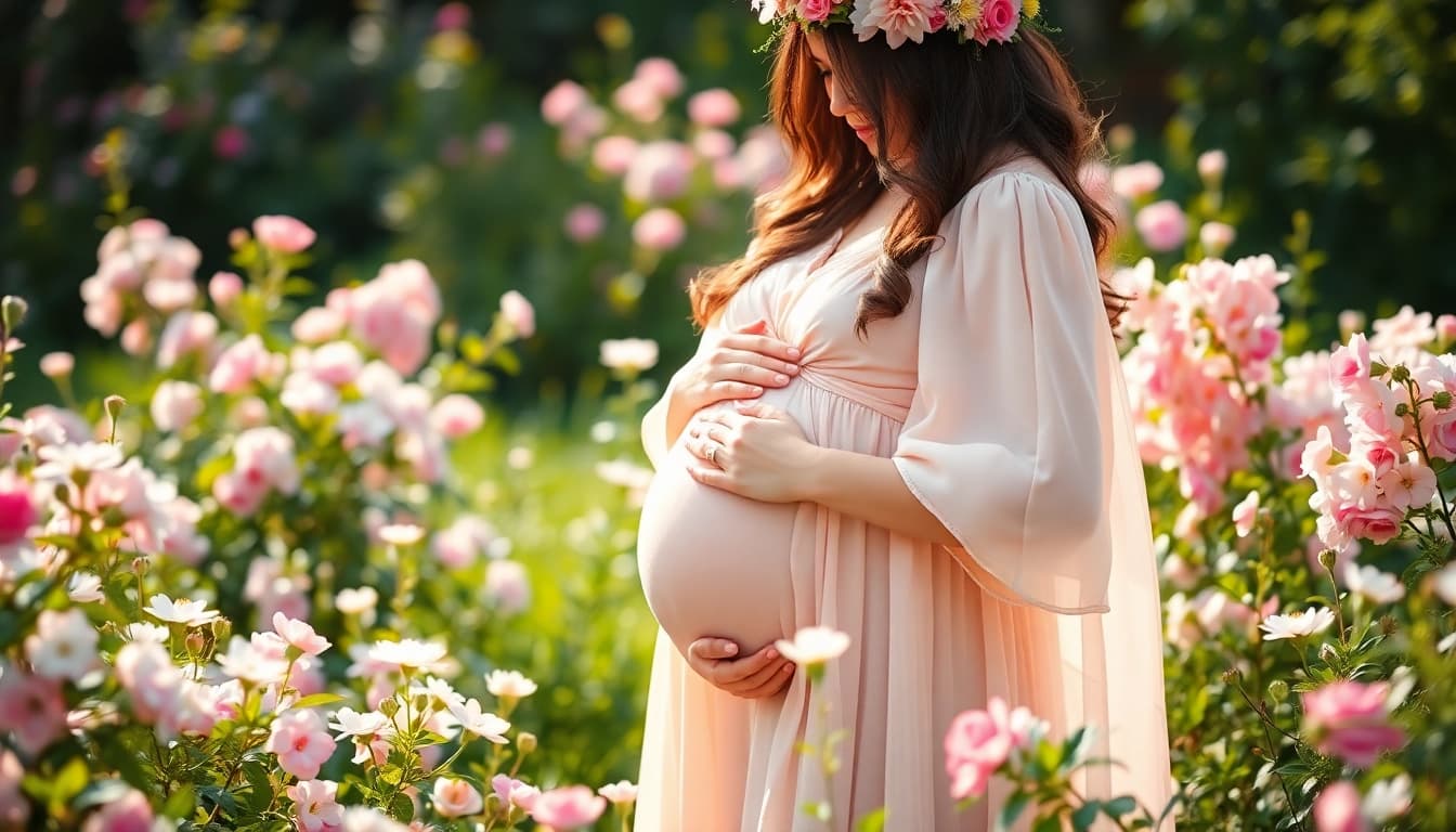 Stunning Babybauch Fotoshooting of a pregnant woman cradling her belly in a beautiful garden.