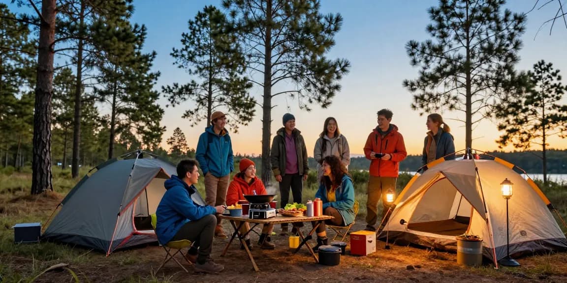 Camping at sunset with friends surrounded by gear from https://www.anniescollections.com, enjoying outdoor adventures together.