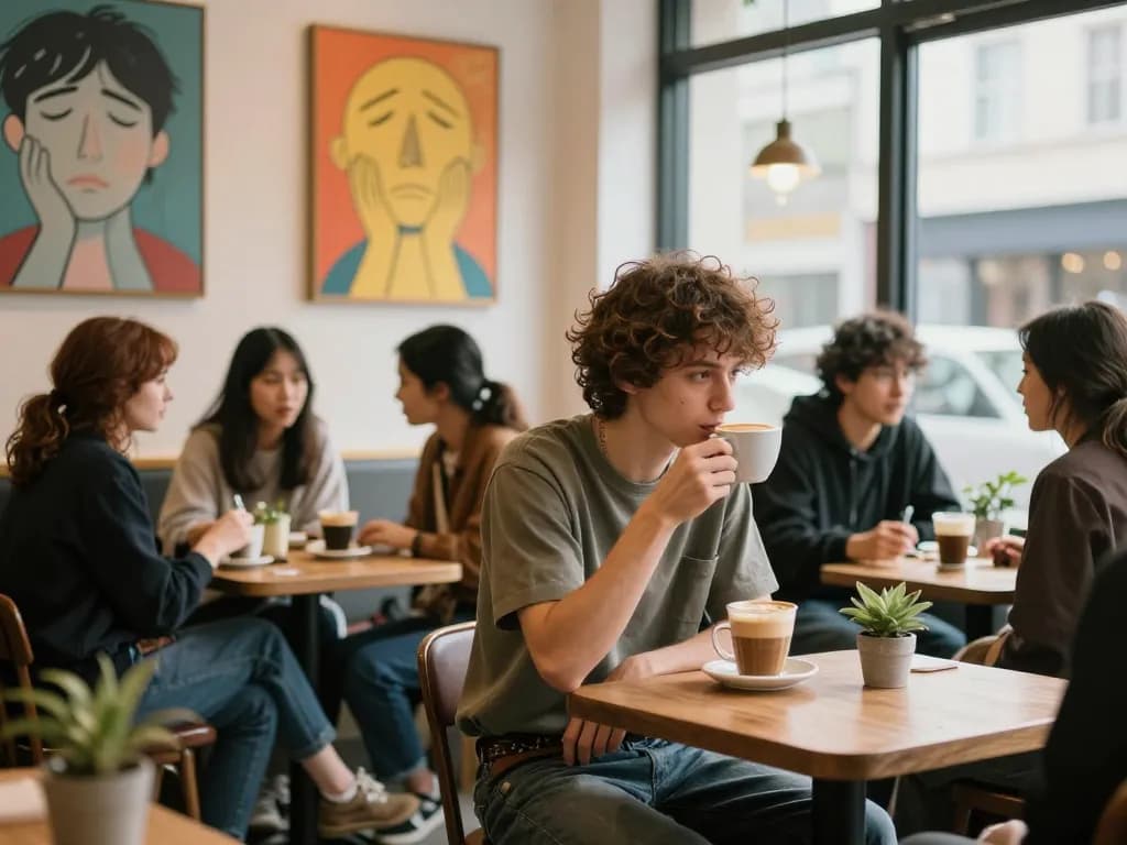 Friends sharing moments in a café, emphasizing crush on connection and emotions.