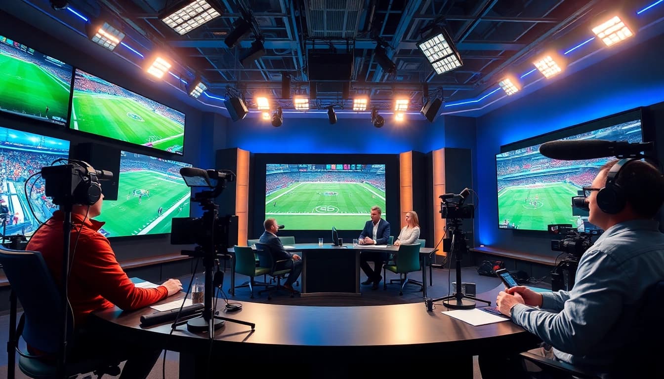 Engaging moment in Sports Broadcasting with anchors discussing live events in a dynamic studio.