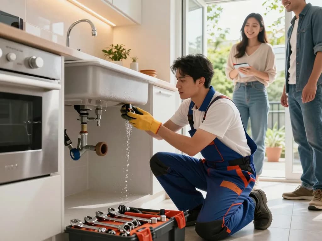 Skilled plumber fixing a leak, showcasing expert plumbing services in a modern kitchen.