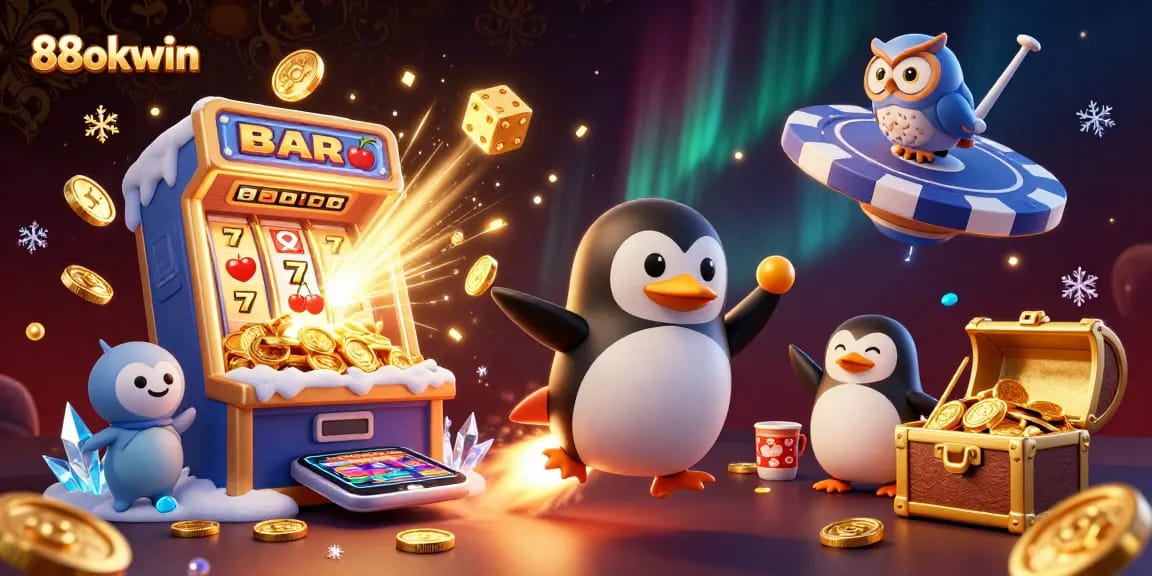 88okwin gaming adventure illustrated with a rocket golden penguin and jackpot slot effects.