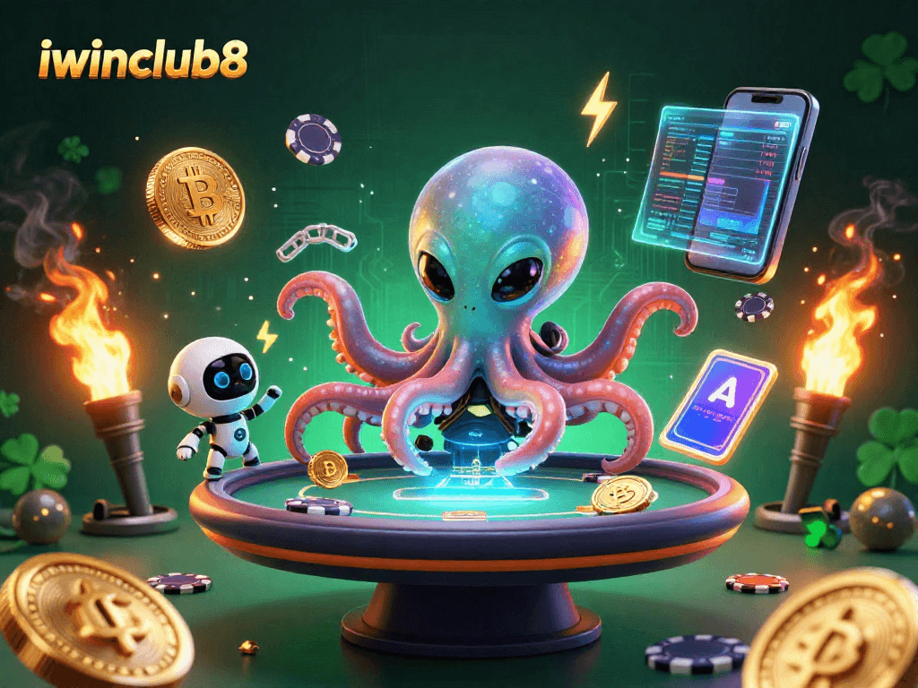 Engage with the rich visuals of iwinclub8, featuring a futuristic alien octopus at a holographic poker table.