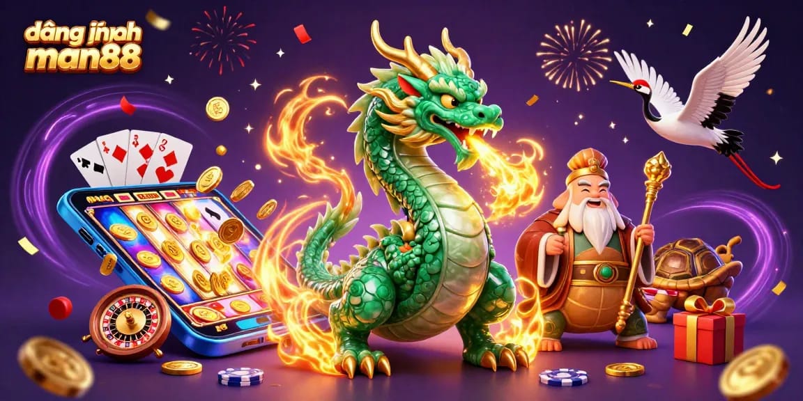 Experience thrilling wins at đăng nhập man88 with 3D dragons and slot games in an exciting casino scene.