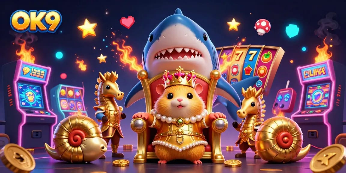 Experience thrilling slot action with OK9 featuring a golden hamster king in a vibrant casino game scene.