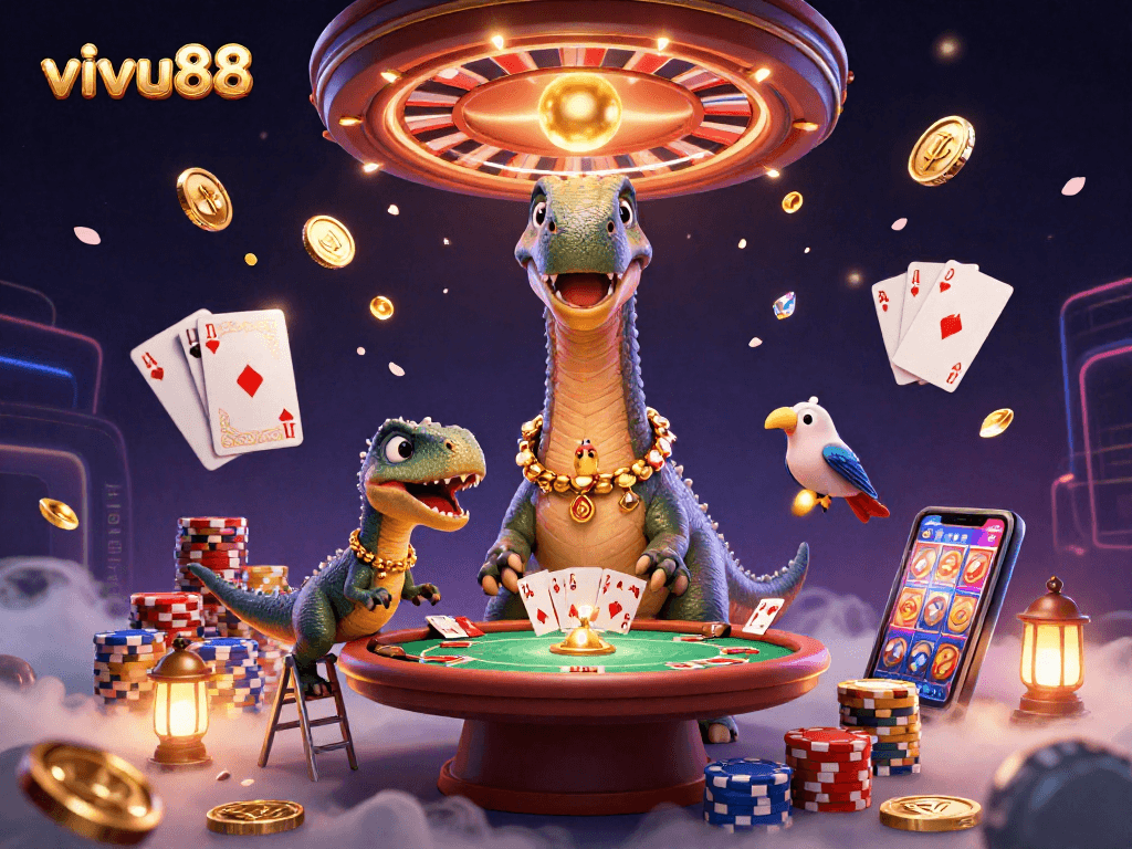 Experience the excitement of vivu88 with a dynamic casino scene featuring a towering brontosaurus and clever raptor.