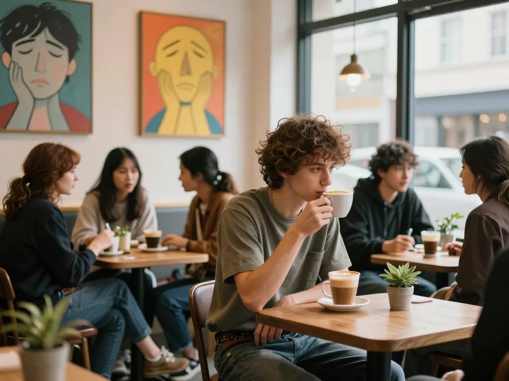 Friends sharing moments in a café, emphasizing crush on connection and emotions.