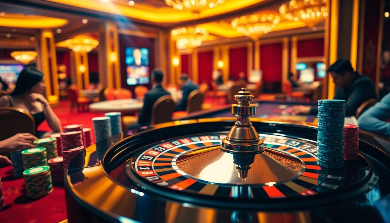 Jouez à casino en ligne sans wager avec une ambiance de roulette intense et des jetons colorés.