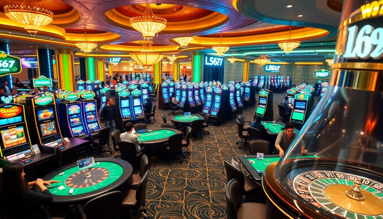 L567 casino gaming scene with vibrant slot machines, poker tables, and an exciting atmosphere.