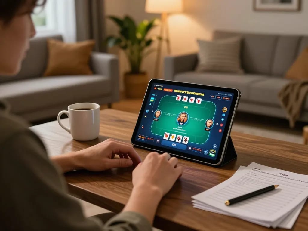 Engaging in online poker gameplay on 399w tablet while reviewing strategies, creating a lively gaming atmosphere