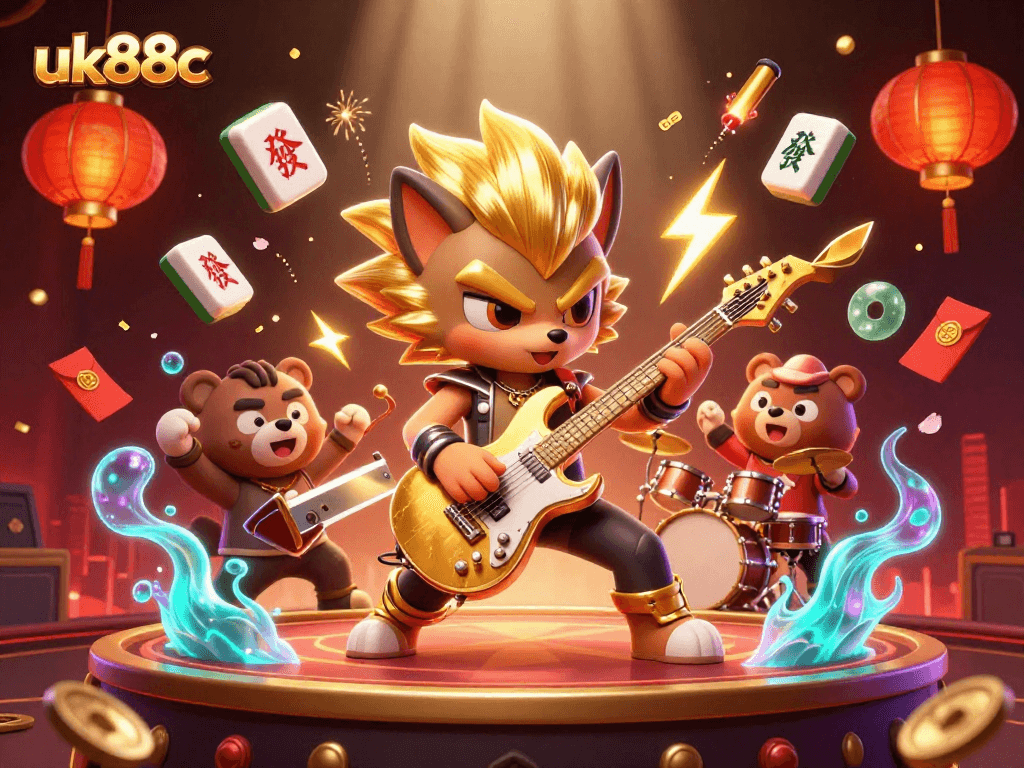 Experience excitement at uk88c with a vibrant 3D casino-themed digital illustration of energetic characters.