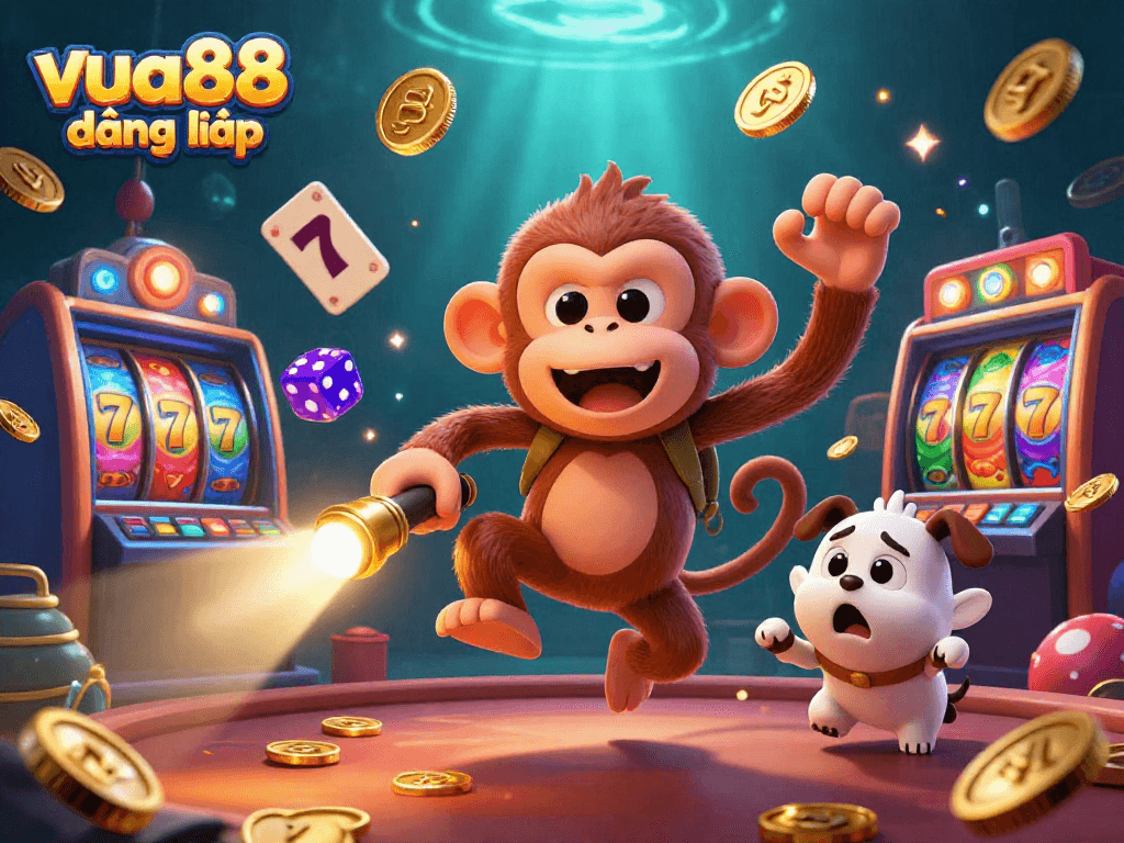 Experience the excitement of vua88 đăng nhập with vibrant casino gaming elements and a mischievous monkey.