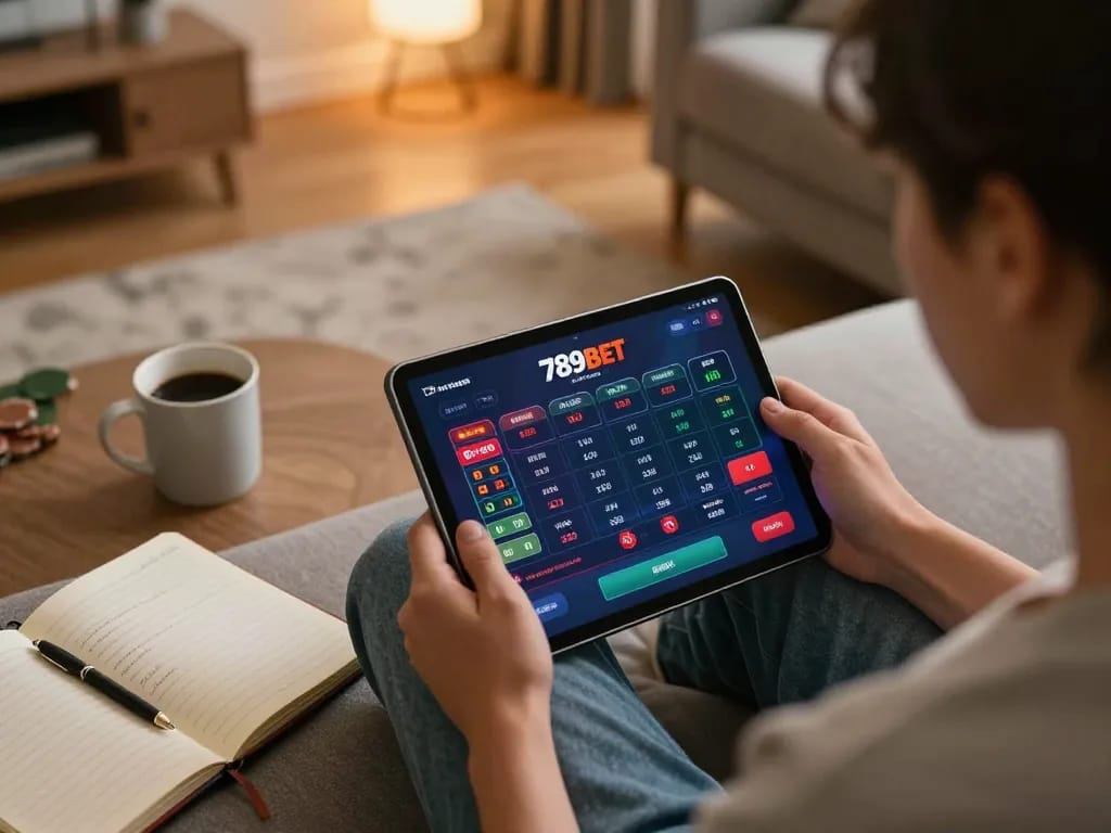 Engaging betting activity on 789BET platform from a cozy home setup with warm lighting.