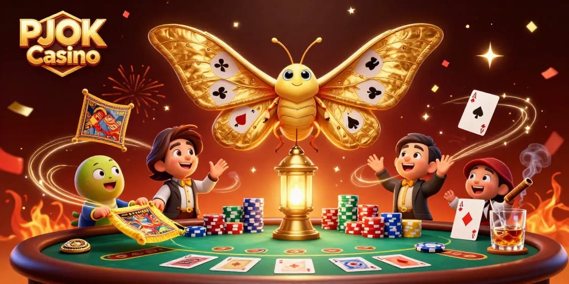 Experience the vibrant PJOK Casino with dynamic games and features in a stunning 3D illustration.