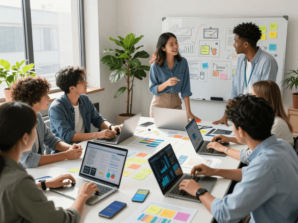 Equipe de marketing colaborando em estratégias multicanais em ambiente de escritório iluminado.