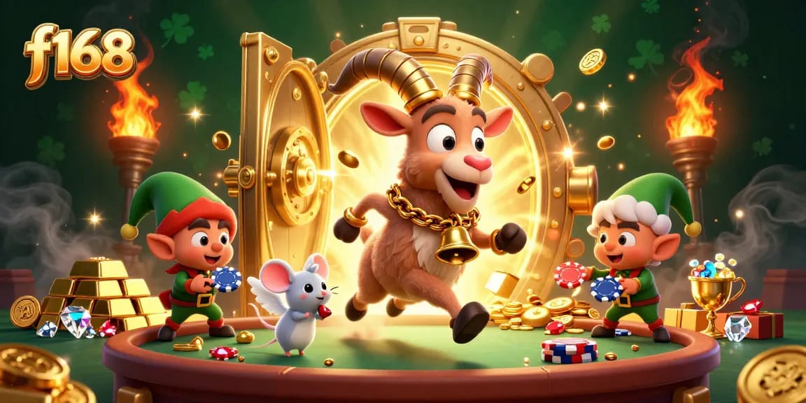 Engage with the festive atmosphere at f168 casino, featuring playful characters in a vibrant scene.