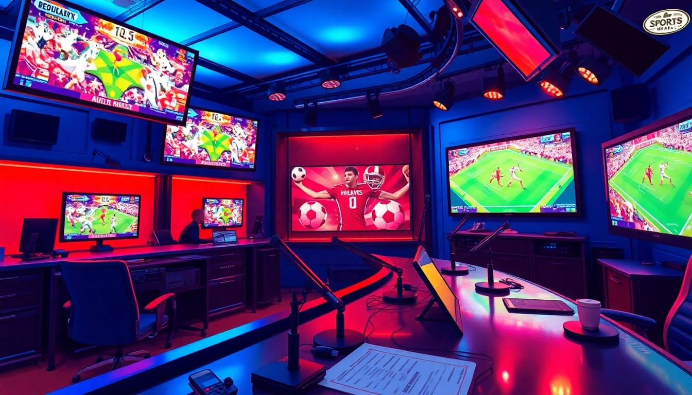 Engaging scene of sports broadcasting featuring commentators and live sports events.