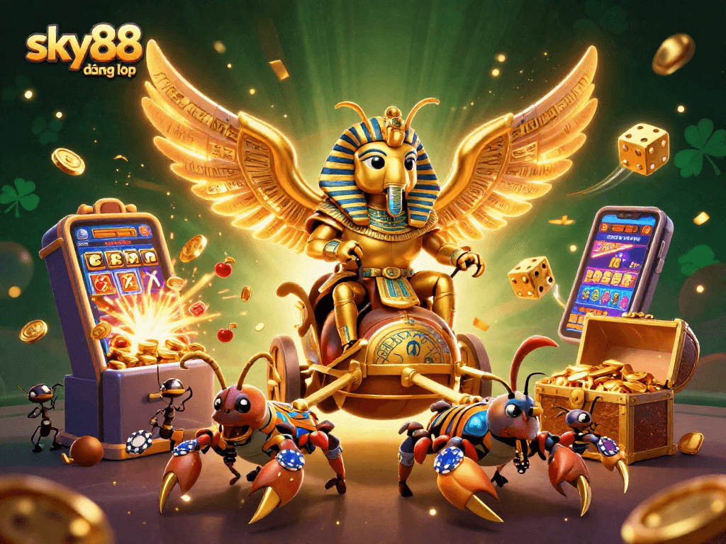 Experience thrilling wins with sky88 đăng nhập in a vibrant 3D casino scene featuring jackpots and colorful characters.