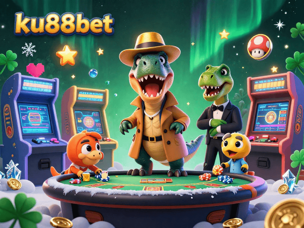 Engage with exciting games at ku88bet, featuring a velociraptor card counter at a blackjack table.