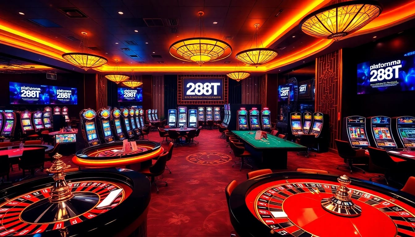 Exciting gambling scene on plataforma 288T, featuring roulette, poker, and vibrant slot machines.