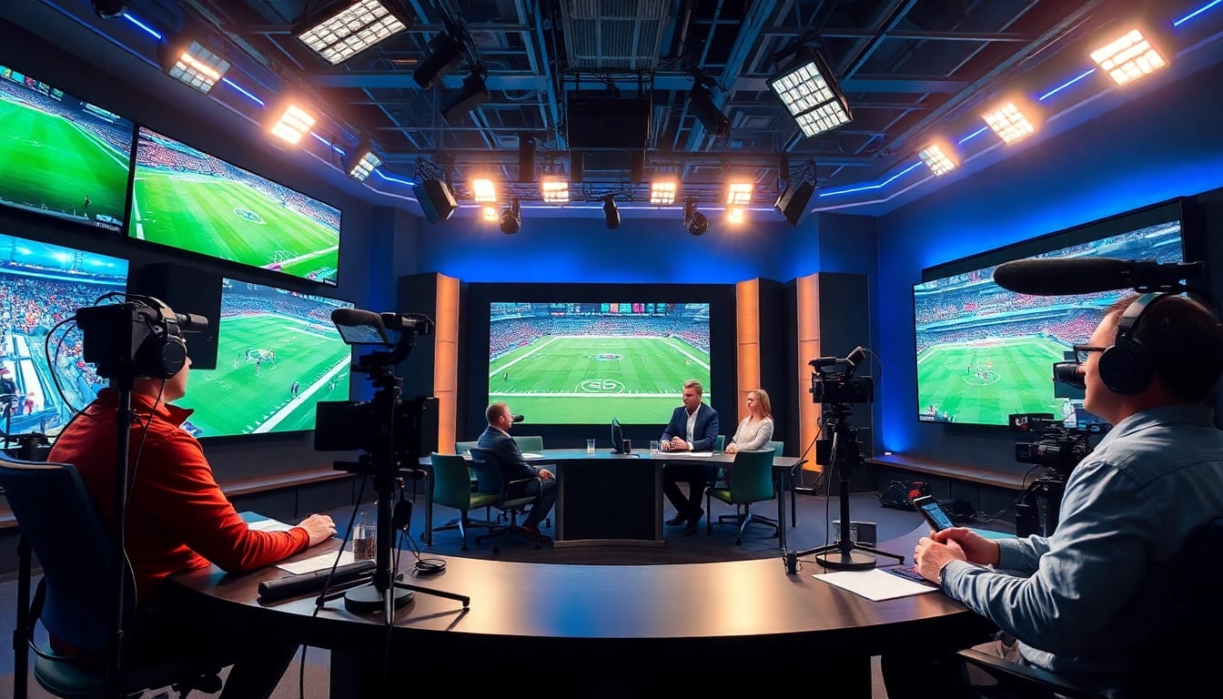 Engaging moment in Sports Broadcasting with anchors discussing live events in a dynamic studio.