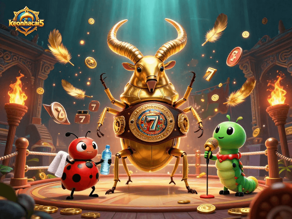 Experience the thrill of keonhacai5 slots with a vibrant scene featuring our boxing beetle champion.