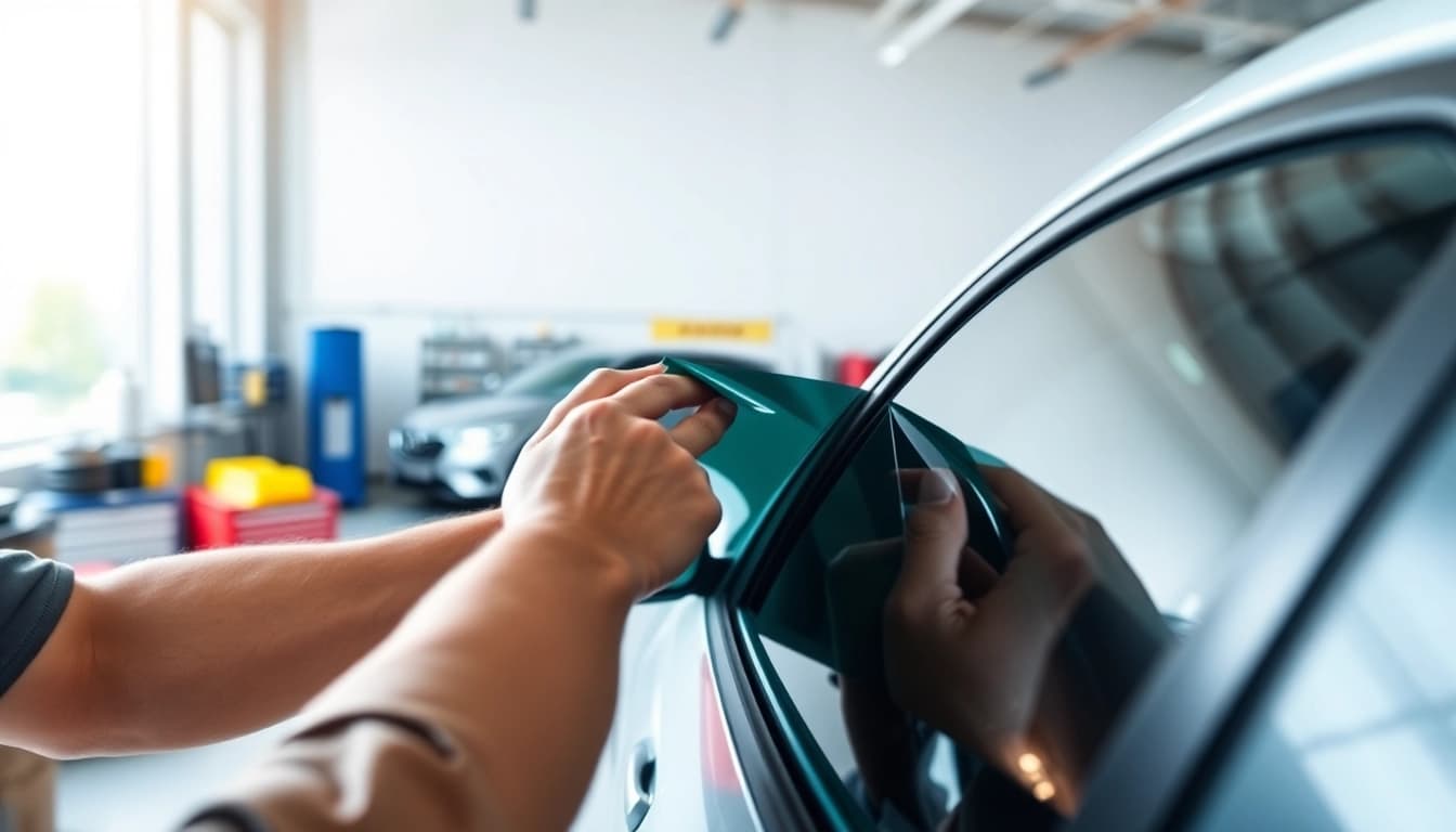 Apply auto window tint near me with precision and care in a professional workshop mindset.