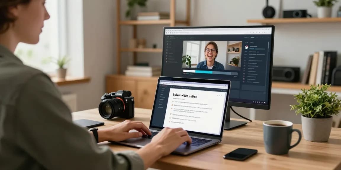 Baixar vídeo online facilmente em um espaço de escritório moderno e iluminado.