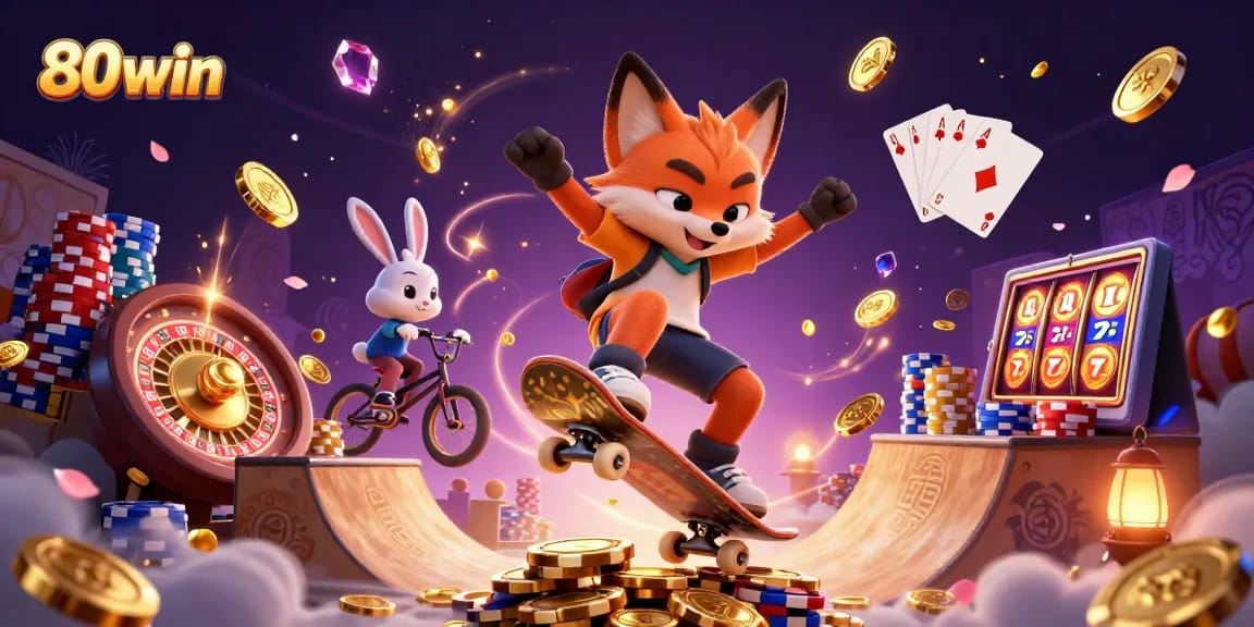 Experience thrilling moments with 80win as a fox skater and rabbit enjoy casino adventures.