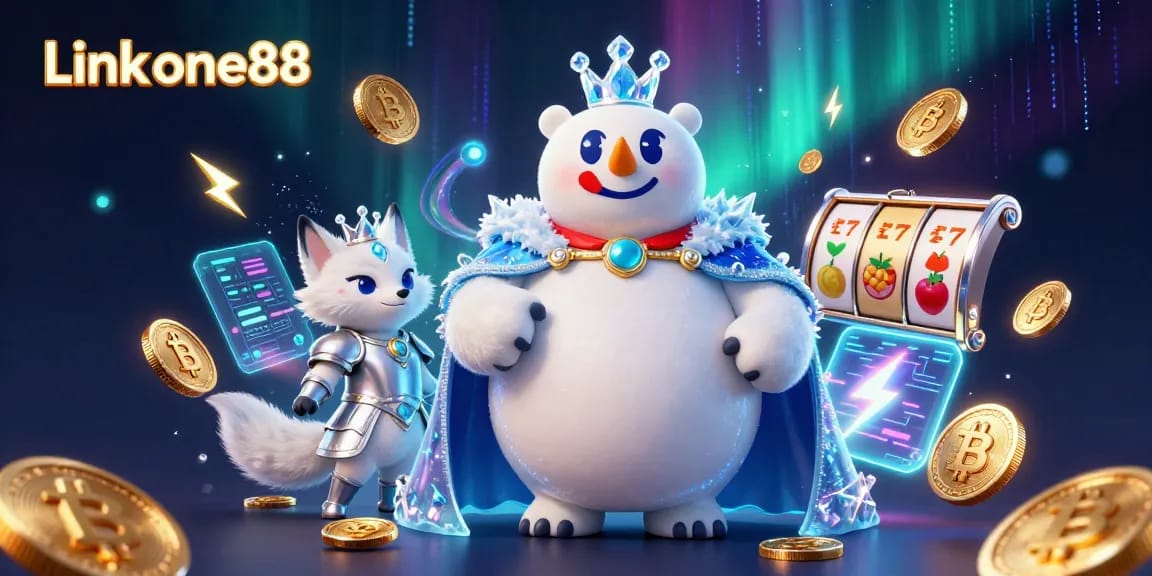 Engage in the thrilling world of Link one88 with a vibrant casino scene including polar bear and fox, Bitcoin elements, and slot game visuals.