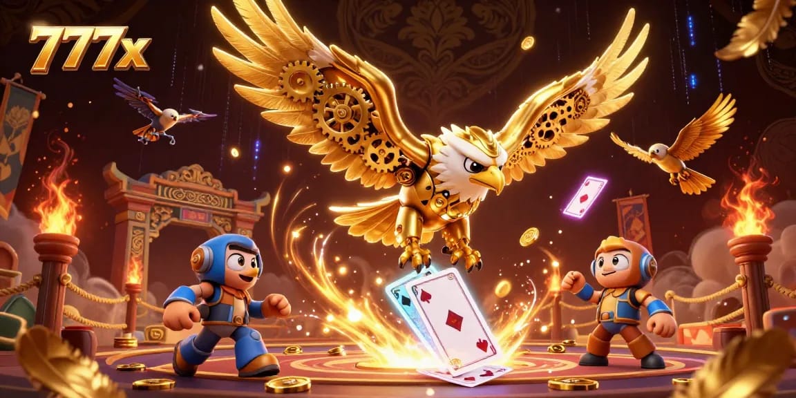Engage with thrilling casino action as the 777x-themed golden eagle dives through holographic cards.