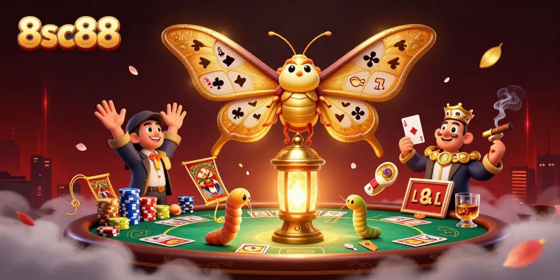 Experience thrilling gameplay at 8sc88 as a moth surrounded by poker elements illuminates a luxurious casino scene.