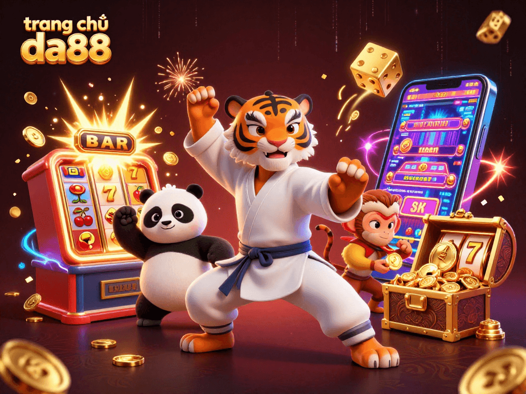 Enjoy the thrilling action of trang chủ da88 with vibrant characters around a slot machine bursting with coins.
