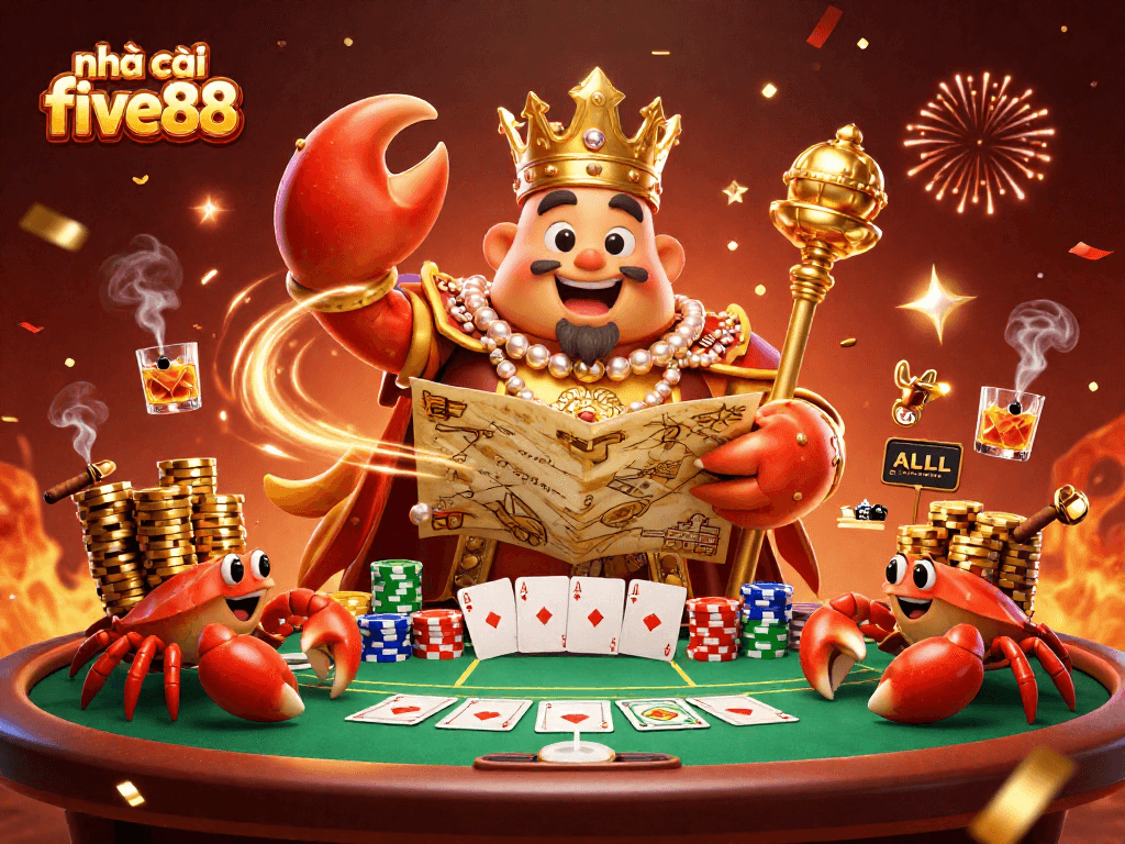 Immerse in the excitement of nhà cái five88 with a dynamic casino scene featuring a golden crab emperor and poker elements.