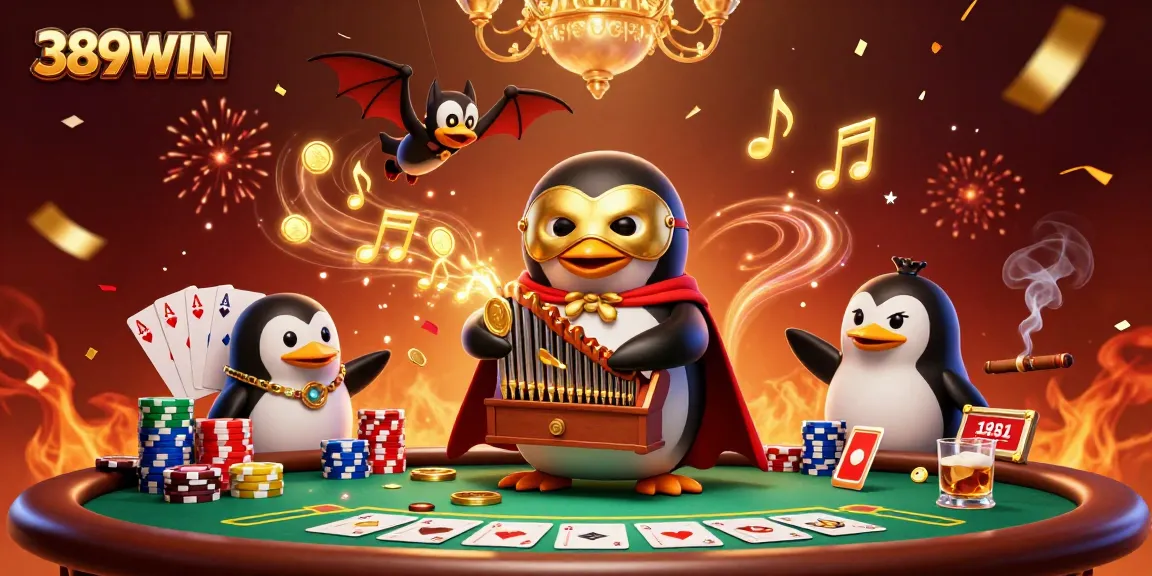 Experience thrill and fortune with 389WIN as the penguin plays for jackpots in a vivid casino.