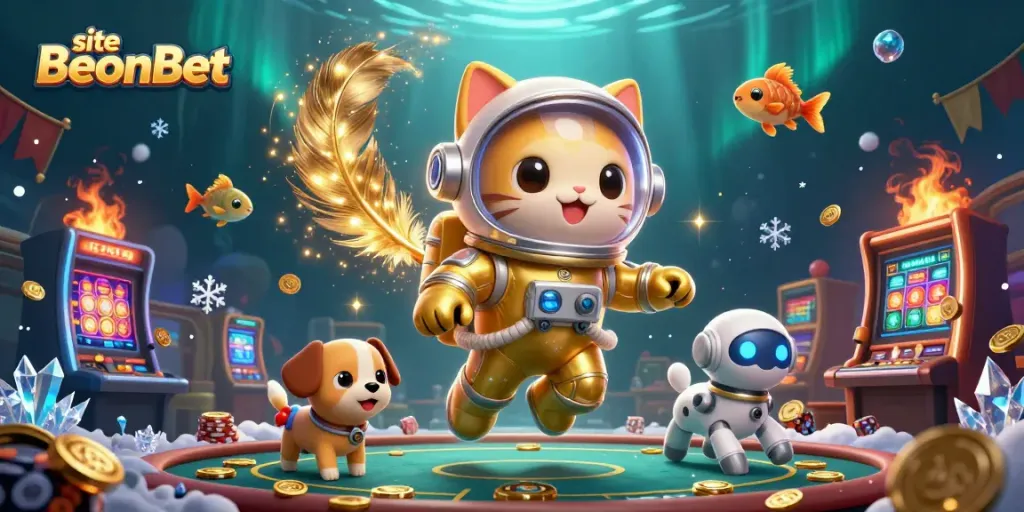O site BeonBet oferece uma animação vibrante com personagens em um cassino cheio de emoção.
