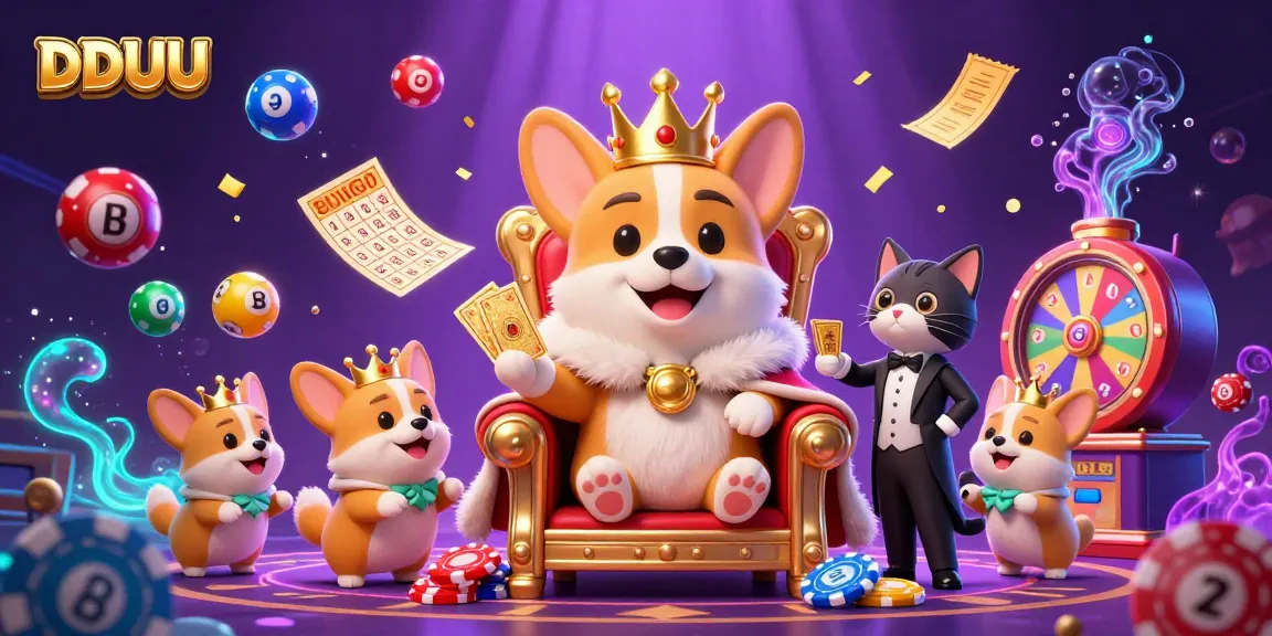 Experience thrilling DDUU gameplay with a royal corgi on a poker chip throne and vibrant casino elements surrounding.