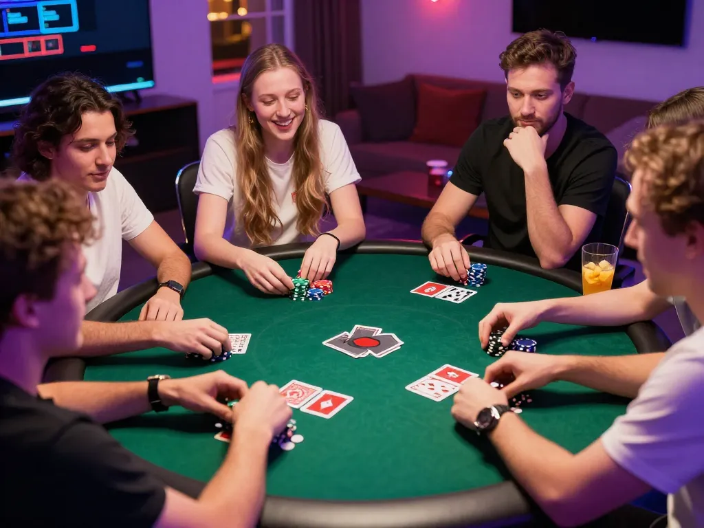 Friends enjoying a poker night at home with 22ff.br.com, showcasing chips and cards in a competitive yet fun atmosphere