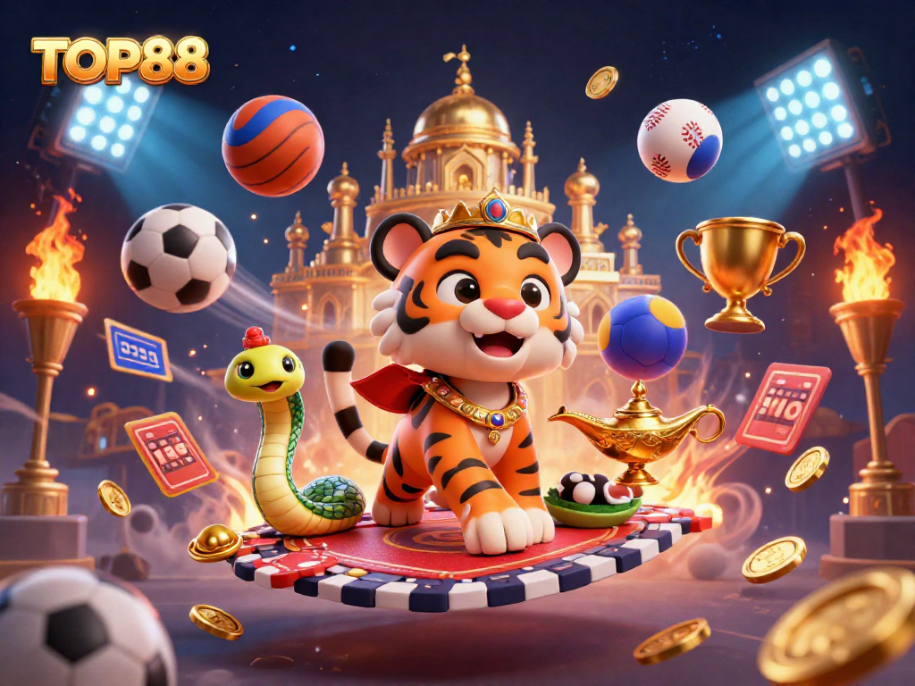 Experience the thrilling action of TOP88 with a vibrant 3D casino illustration featuring a tiger sultan and sports betting elements.
