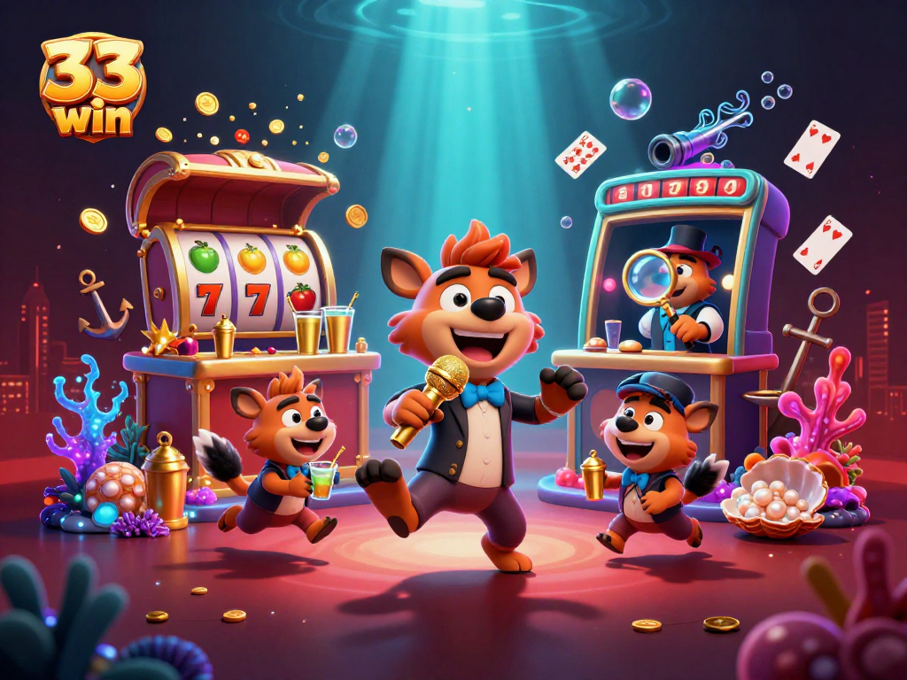 33 win hyenas in a vibrant casino scene mixing drinks and telling jokes among slot reels.