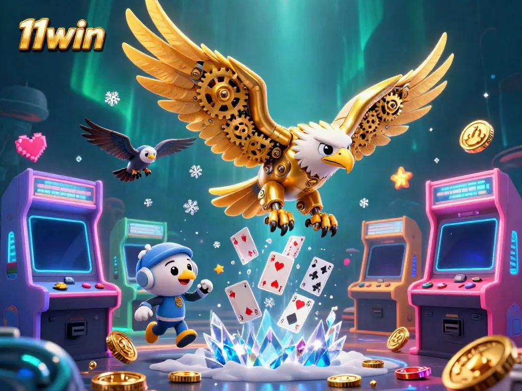 Experience the vibrant world of 11win with a cybernetic eagle diving through holographic cards in a colorful casino.