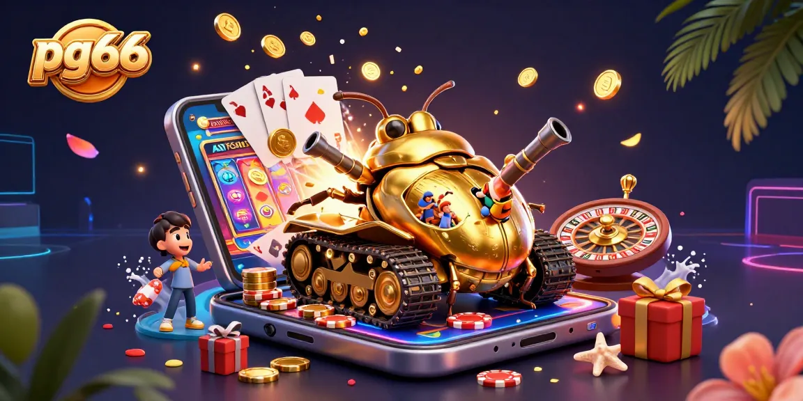 Experience thrilling gaming at pg66 with a vibrant 3D casino scene featuring action-packed slots and lavish decorations.
