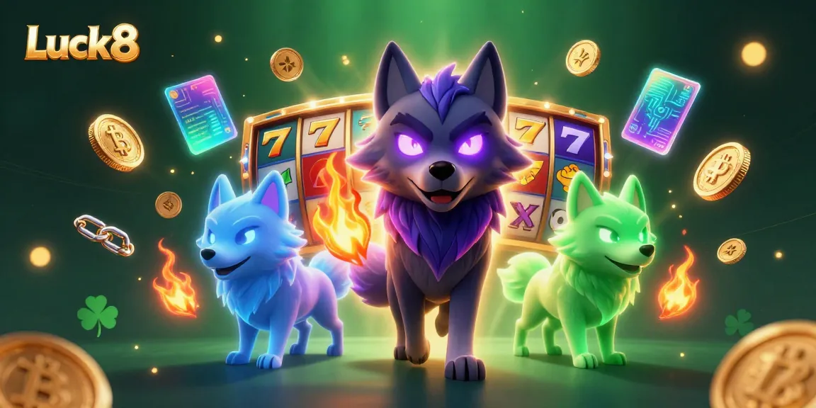 Engage in thrilling slots at Luck8 with a dynamic illustration of ghost wolves, coins, and jackpot reels.