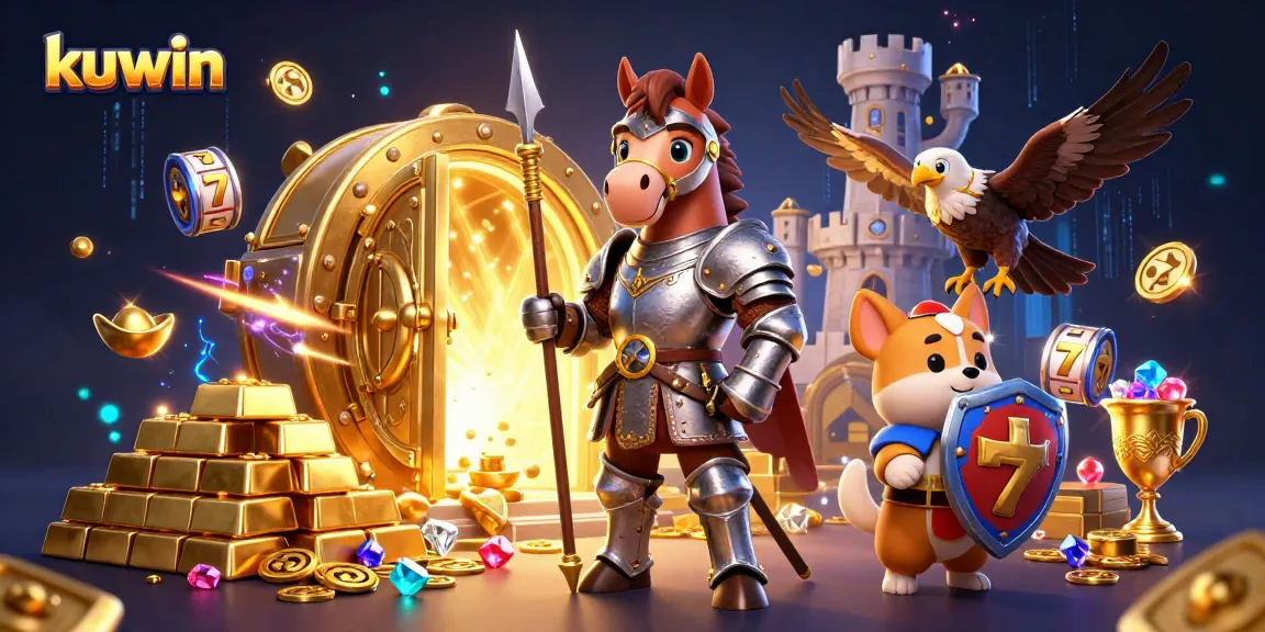 Kuwin interactive gaming scene with a knight and puppy amidst treasures and slot elements, vividly showcasing casino excitement.