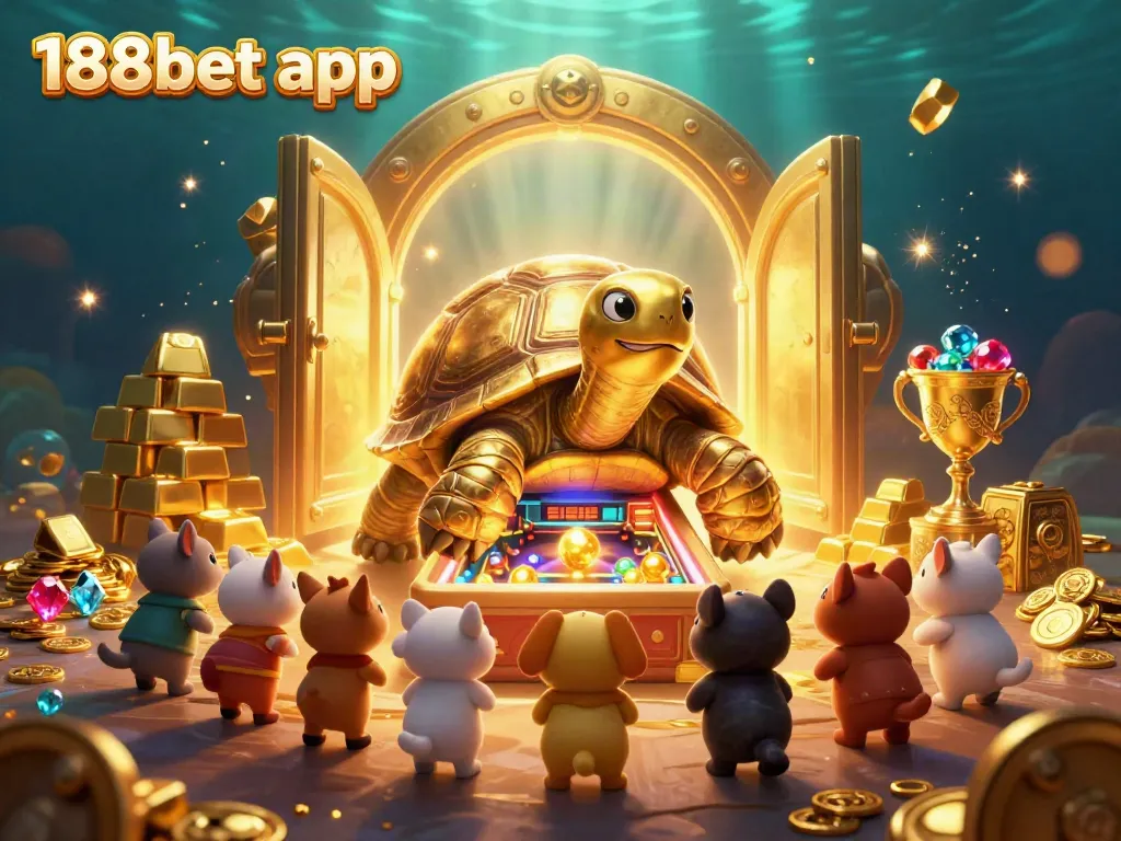 Engage with the 188bet app's dynamic betting features, illustrated with a lively golden tortoise and gaming treasures.