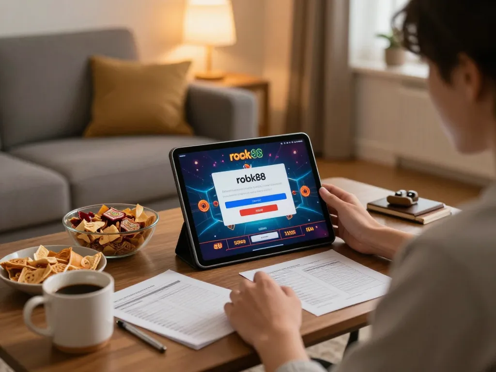 Engaging in online casino with rokok88 login on a tablet, cozy atmosphere and strategic notes.