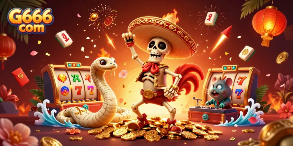 G666 com showcases a dynamic victory scene with a rooster celebrating atop coins, surrounded by casino elements.