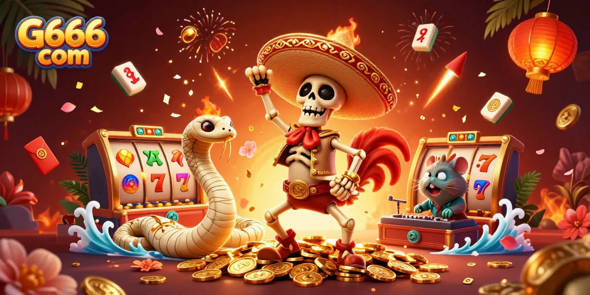 G666 com showcases a dynamic victory scene with a rooster celebrating atop coins, surrounded by casino elements.